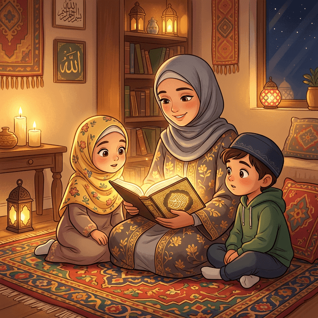Mother reading Quran with children